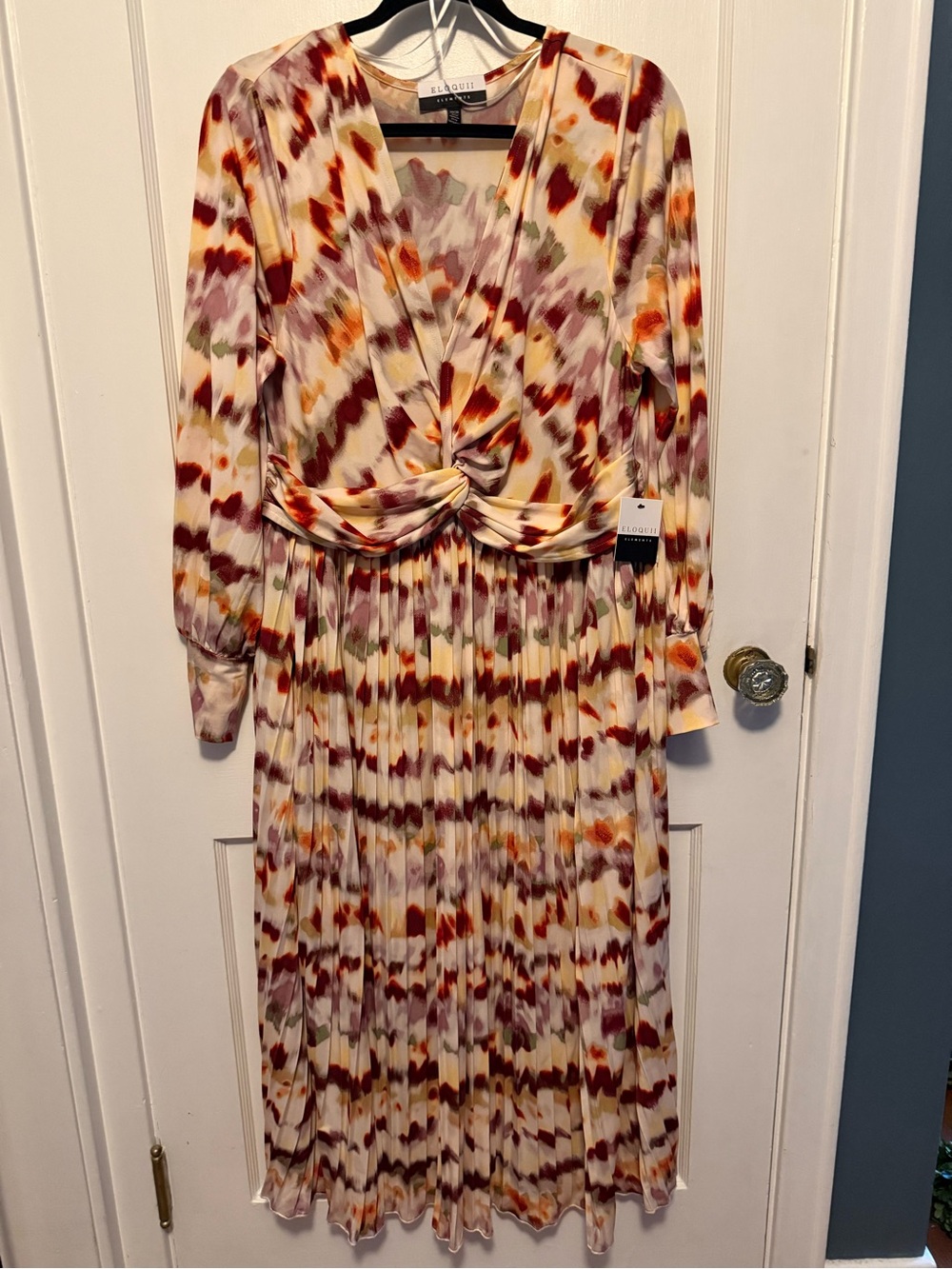 Eloquii Cream Multi-Color Twist-Waist Long Sleeve Midi Dress